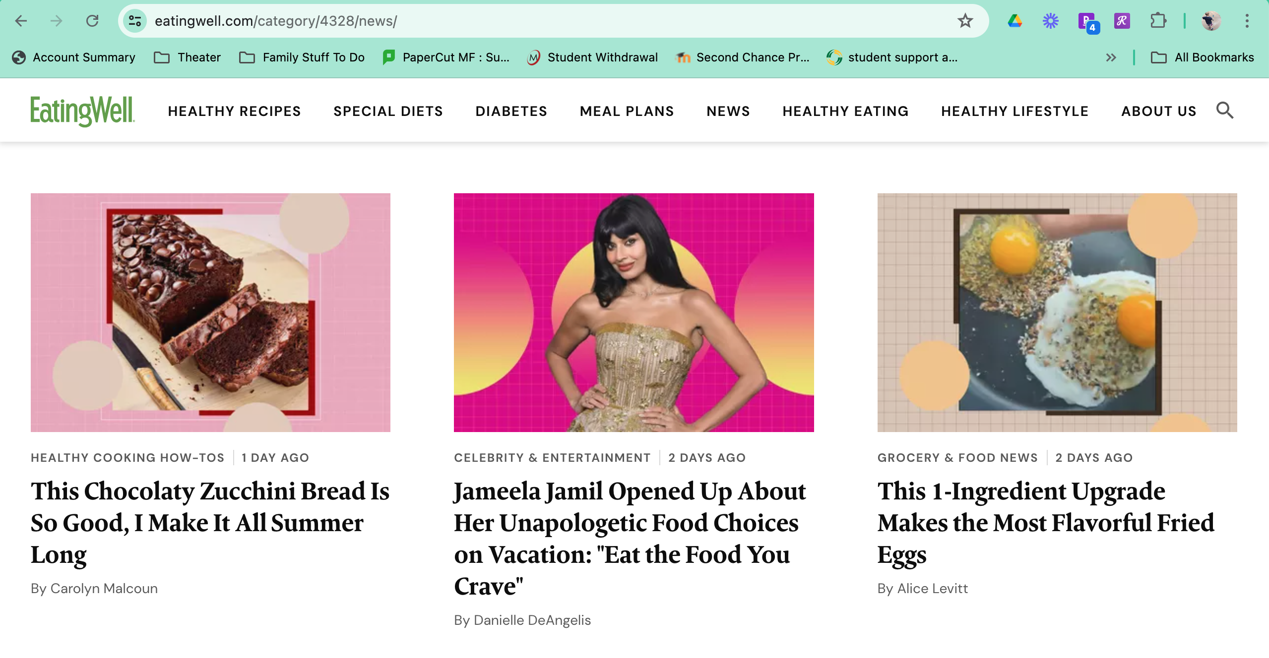 Website Eating Well is shown with several articles within it